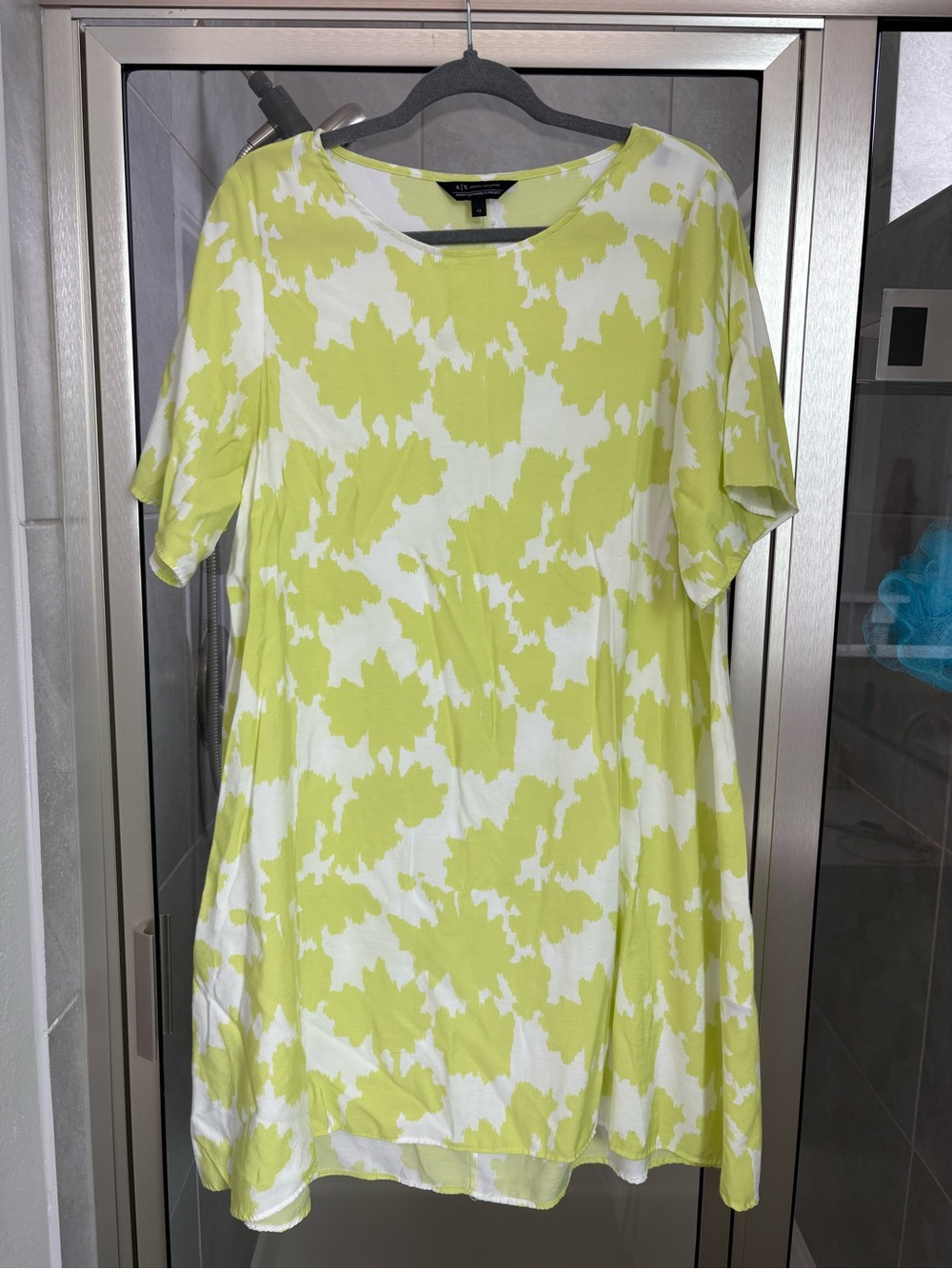 Armani Exchange White and Lime Green Short Sleeve Swing Mini Dress